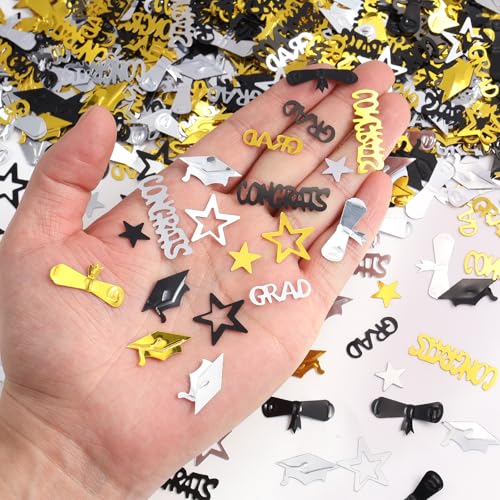 Image of Silver Gold and Black Graduation Confetti 2026, 1000 Pcs Congrats Grad Confetti Class of 2026 Party Table Centerpiece for Graduation Party Decorations