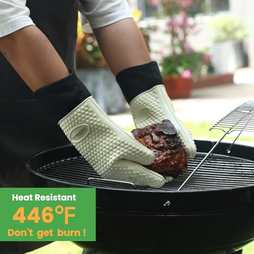 Image of GEEKHOM BBQ Gloves Heat Resistant Oven Mitts - Silicone Grilling Gloves with 14 inch Long Arm Protection - Waterproof Pot Holder Non-Slip for Men & Women, Kitchen Cooking, Baking, Camping, Beige