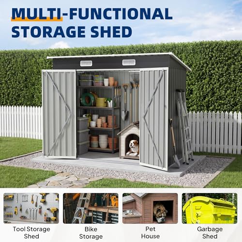 Image of UDPATIO 8x4 FT Metal Storage Shed,Outdoor Shed,Garden Shed for Patio,Grey | All-Weather,Sloping Roof,Lockable Door,Air Vent,Upgraded Full-Frame Structure,Patio,Lawn,Garden,Backyard,Bicycle,Tool,Bicycle
