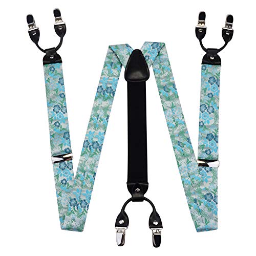 Image of GUSLESON Adjustable Plaid Floral 6 Clips Y Shape Suspenders Pre-tied Bow Tie and Pocket Square Set with Gift Box