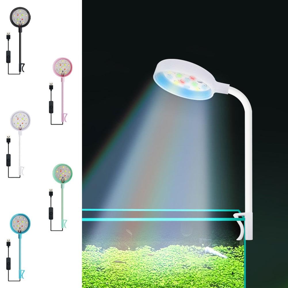 Clip On Aquarium Light for 2-5mm Thick Fish Tanks,Led Aquarium Light for Plants,USB Plug 360 Degree Adjustable Bendable Water Plant Light Fill Light,USB Moving Lamp for Open Terrarium (5 Colors)