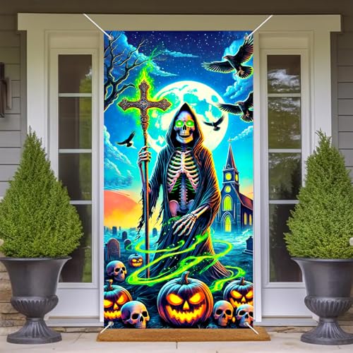Image of BlissYard Halloween Door Cover Grim Reaper Cross 35x71 Inch Polyester | Door Banner, Wall Decor | Grim Reaper Entry Accent, Skeleton Backdrop | Porch, Hallway, Party (Gothic Art)