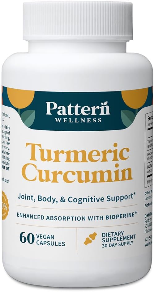 Pattern Wellness Pattern Wellness Turmeric Curcumin – 95% Curcuminoids with BioPerine® Black Pepper – Supports Joint, Cognitive & Immune Health – Non-GMO, Gluten Free – 60 Capsules
