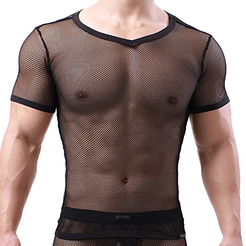 YouBin Sexy Men's T-Shirt Mesh Fishnet Short Sleeve Undershirt Hollow Out Tank Top(Black L)