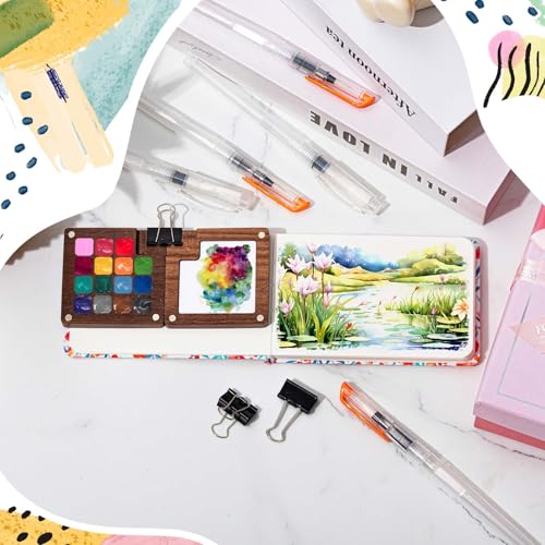 Chiisong Mini Portable Watercolor Palette Set Wooden Grid Paint Box, Watercolor Paper Pad Watercolor Sketch Book Watercolor Brush Pens with Binder Clips for Painters Artists Students - Thumbnail 3