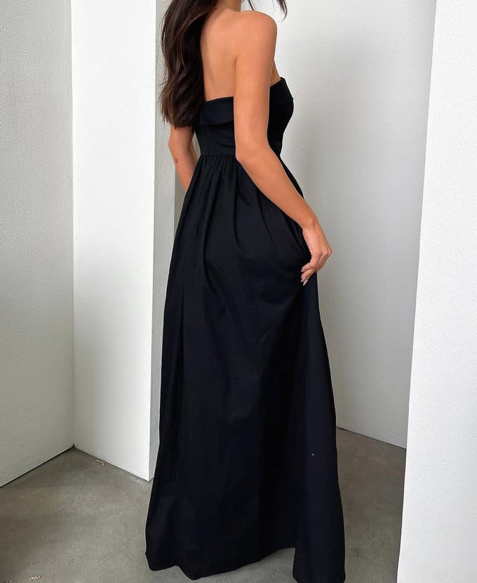 Image of Women Summer Strapless Maxi Tube Dress 2024 Trendy Solid Pleated Flowy Dress Wedding Guest Maxi Dresses Party Club