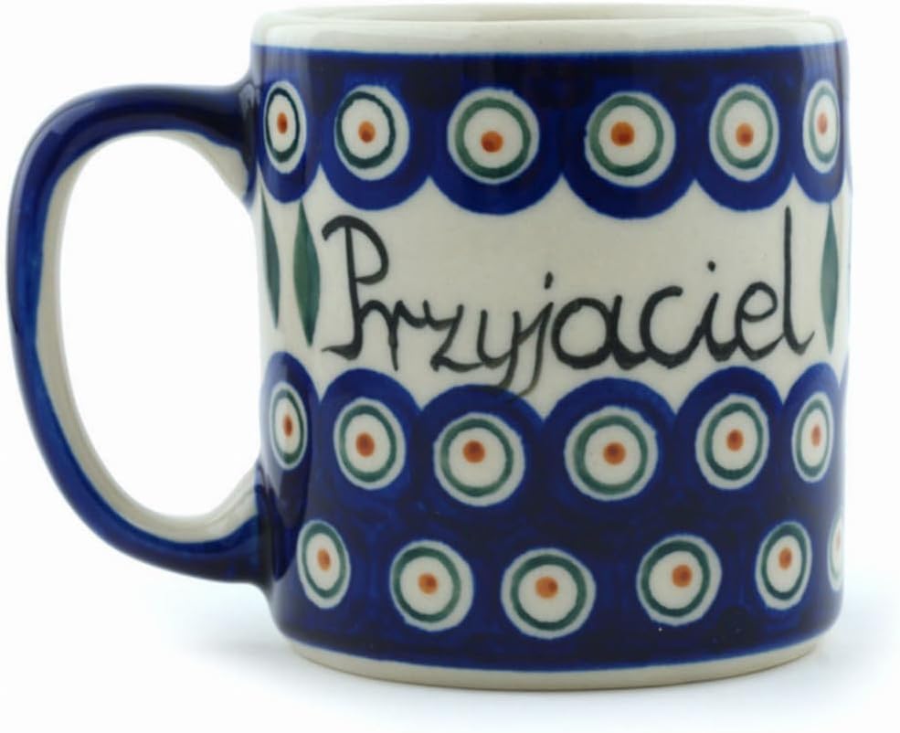Polmedia Polish Pottery Mug 13 oz - Przyjaciel Friend Pattern Handmade in Boleslawiec Poland by Ceramika Bona + Certificate of Authenticity