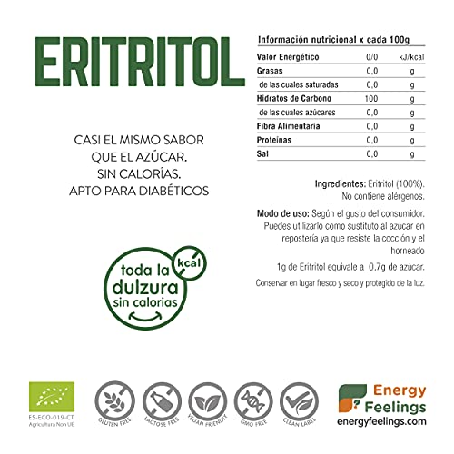 Energy Feelings Eritritol Granulado Ecológico, 0% Kcal, Edulcorante y Endulzante Natural, Sin Azúcar, Sin Gluten, Vegano, Edulcorante para Cocinar, 200G - Imagen 5
