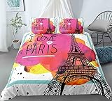 Ensemble Housse De Couette 240X260 Cm 3D Tour De Paris Dessin Animé Dessiné À La Main Imprimé 3 Pièces Parure De Lit Microfibre Housse De Couette Avec Fermeture À Glissière Et 2 Taies D'Oreiller 65X6
