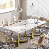 Tribesigns 31.5' Square Conference Table Set of 2, 63' Industrial Office Meeting Table for 4-6 People, Business Podcast Furniture with Metal Base for Small Spaces, Office Conference, White & Gold