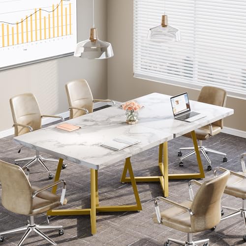Tribesigns 31.5" Square Conference Table Set of 2, 63" Industrial Office Meeting Table for 4-6 People, Business Podcast Furniture with Metal Base for Small Spaces, Office Conference, White & Gold