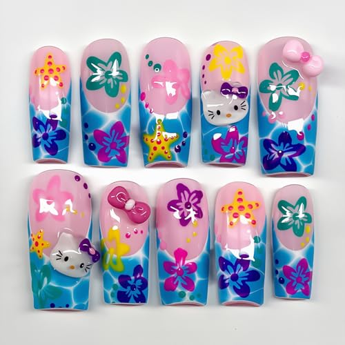24Pcs Summer Press on Nails Long Coffin Fake Nails with Cute Bow Designs Summer Beach Acrylic Nails Starfish Hibiscus Flower Acrylic Nails Cute Cartoon French Tip Full Cover Glue on Nails for Women