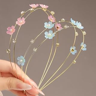 2PCS Metal Flower Headbands for Women, Thin Non-Slip Hairbands with Rhinestones & Pearls, Cute Bridal Hair Accessories for Women Teens Girls