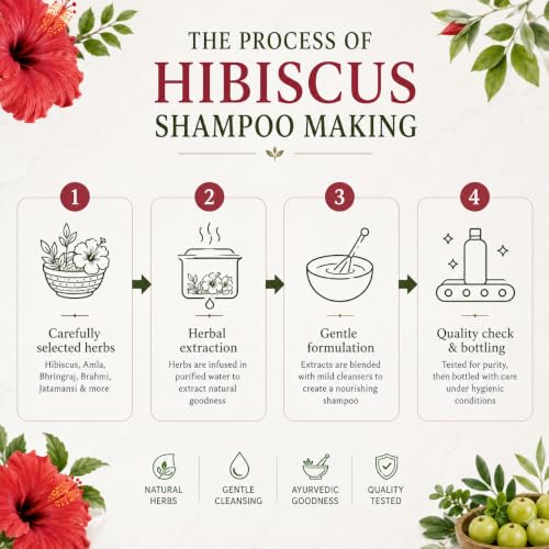 Image of Hibiscus Ayurvedic Shampoo for Smooth & Frizz-Free Hair | Advanced Conditioning & Hair Repair Formula with Hibiscus, Brahmi, Jatamansi & Aloe Vera | 12 Herbs Herbal Shampoo | Sulphate & Paraben Free | Helps Control Dandruff | For Men & Women | 200ml (Pack of 2)