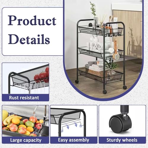 Image of KRISHYAM 3-Tier Slim Rolling Utility Cart with Wheels, Metal Mesh Storage Trolley for Kitchen, Fruits, Vegetables, Bathroom & Office Organizer (3-Layer Rectangular)