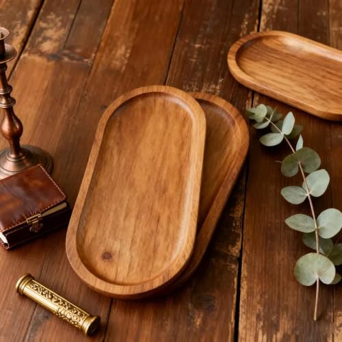 Image of Wooden Jewelry Tray, Oval Shape,L x B x H = 10 x 5 x 0.5 Inch Floral Design, Natural Wood Finish, Organizer for Rings, Necklaces, Earrings And Snacks Serving