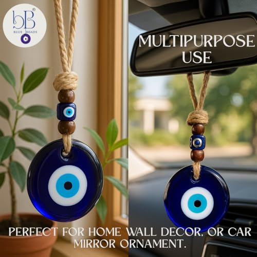 Image of Evil Eye Hanging for Home & Car | Nazar Suraksha Blue Glass Decor with Rope & Beads | Good Luck Protection Charm | Door Wall Hanging | Spiritual Gift Item (Evil Eye 5)