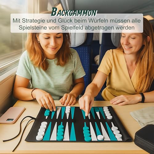 Relaxdays Backgammon, Reisespiel zum Aufrollen, inkl. Zubehör, Spielfeld B x T: 30 x 24,5 cm, Lederoptik, schwarz/türkis