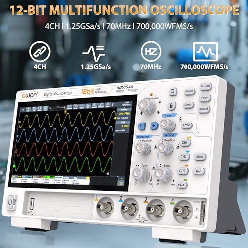 Image of Digital Oscilloscope ADS804A 70 MHz Bandwidth OWON 4 Channel Oscilloscope with 12bits Vertical Resolution and 700,000 Wfms /s Waveform Capture Rate Oscillograph
