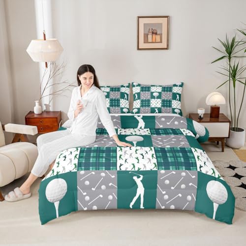 Image of Feelyou Golf Comforter Set Queen Size Green Plaid Buffalo Check Geometric Bedding Set for Kids Boys Girls Sports Theme Duvet Quilt Bedroom Decor Microfiber 3 Pcs with 2 Pillow Cases