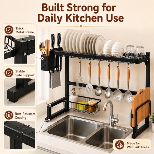Image of Homero Adjustable Over Sink Dish Drying Rack | Multipurpose Kitchen Sink Organizer with Plate Holder, Cup Stand, Knife Holder & Hooks | Heavy-Duty Rustproof Dish Drainer for Kitchen Counter Storage