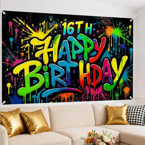 Image of Nuxovilar 16th Birthday Banner Polyester Graffiti Backdrop Decor 71 inchx43