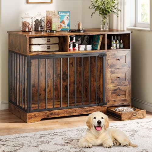 48 Farmhouse Dog Crate with Storage & Bowl