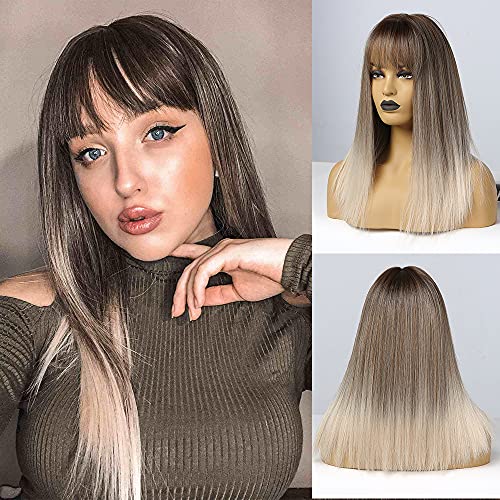 HANYUDIE Bob Wigs Short Bob Wig with Bangs for Women Ash Brown Wig Cosplay Wig Synthetic Costume Wigs(Ombre Ash Brown)
