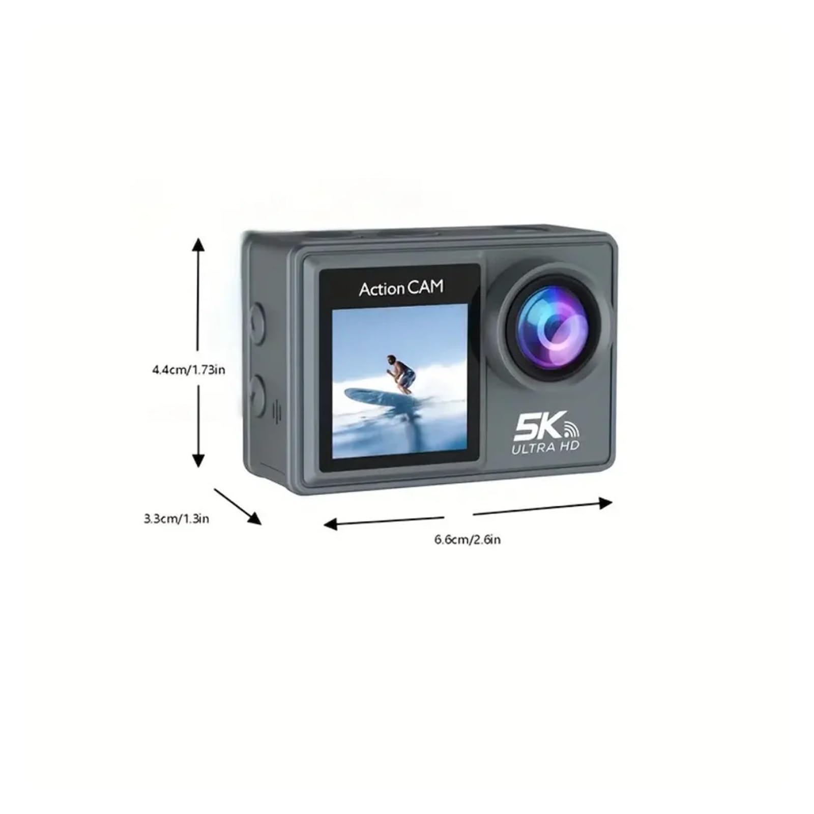 Action camera 5K Ultra HD con doppio schermo da 2.0 e 1.3 pollici, connessione WiFi for smartphone, for fotocamere casco