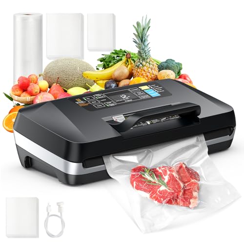 95kpa Vacuum Sealer Machine,Commercial Full Automatic Food Sealer,Powerful Sealing System with Double Heat Seal,Built-in Cutter&Bags Storage,1 Bag Rolls and 10 pcs Pre-cut Bags