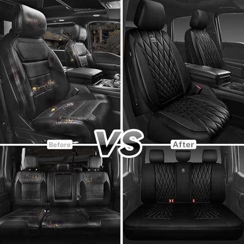 Image of CAR PASS 5 Seats Piping Luxury Faux Leather Seat Covers Full Set, Anti-Slip Waterproof Seat Covers Compatible with Front Armrests, Universal Fit for Suvs,Vans,Trucks,Airbag Compatible, Pure Black