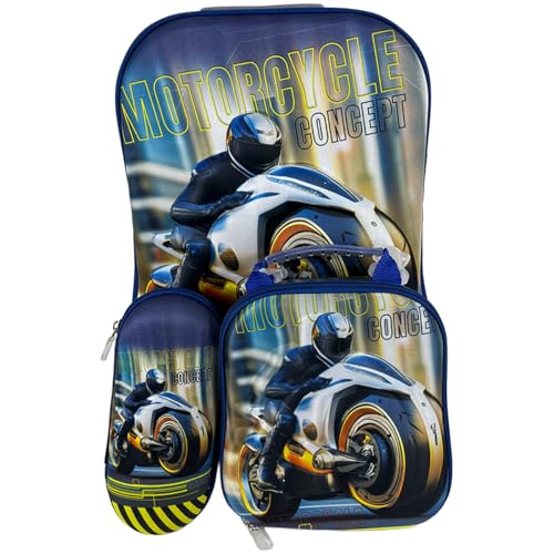 Kit De Mochila Escolar Infantil Masculina Moto Velocidade 3D Com Rodinhas Triplas Em Silicone Acompanha Lancheira Estojo Resistente E Impermeável