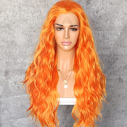 SAPPHIREWIGS Long Orange Color Daily Queen Makeup Gift Curly Style Beauty Blogger 13x1inch Synthetic Lace Front Wedding Party Wigs