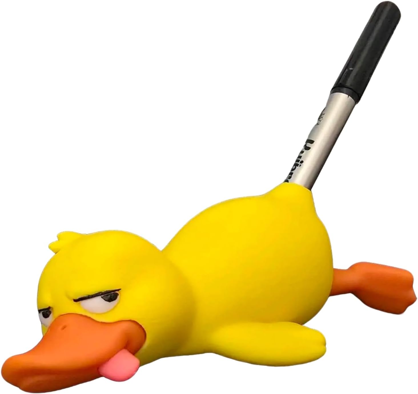 TIME&TRAVE 3D Printed Duck Pen Holder – Funny Lying Duck Desk Stand with Tongue Out – Cute Yellow Duck Pencil Holder for Office, Home, School, Gift