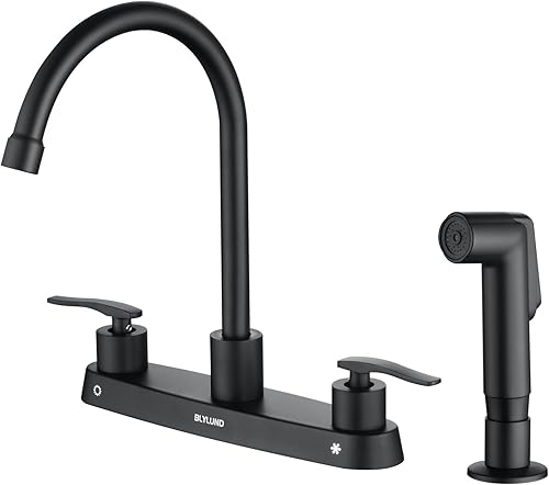 Miniatura 9 de Grifo de cocina con rociador lateral, níquel cepillado de arco alto de 8 pulgadas, 2 asas, acero inoxidable, grifo de fregadero de cocina para 4