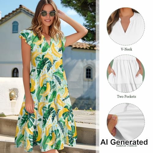 Image of Women's Casual Ruffle Sleeve Dress V Neck Pullover Dress Flowy A-Line Pleated Lightweight Dress with Pockets