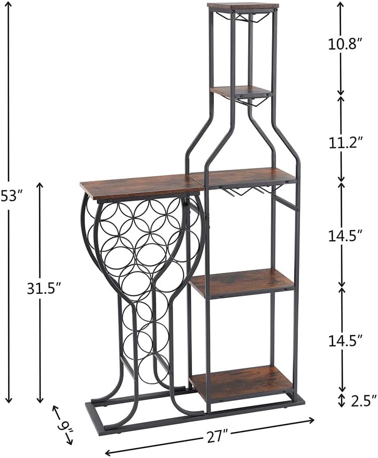 Wine Rack Table, Freestanding Modern Wine Bar Cabinet with Hanging Wine Glass Holder and Storage Shelves Wood and Metal Liquor Cabinet Wine Storage Stand for Home Kitchen Dining Room