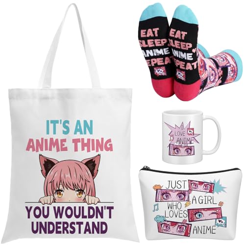 Glitopper 4 Pcs Anime Gifts Set for Women Anime Lovers with Cute Tote Bag Makeup Bag Cartoon Crew Socks 11 oz Coffee Mug for Back to School Birthday Holiday Party Favors
