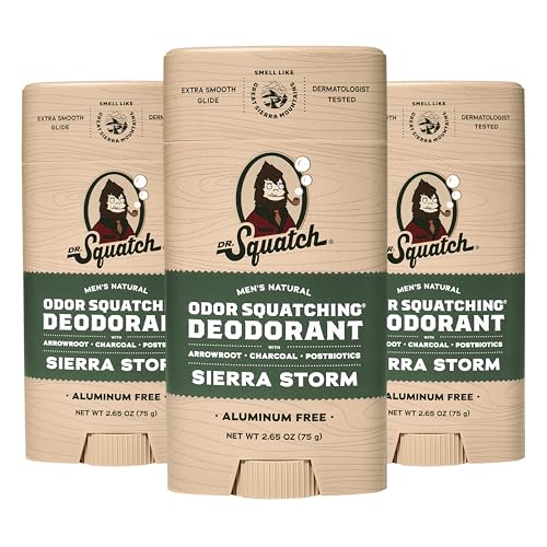 Dr. Squatch Natural Deodorant for Men – Sierra Storm – Smells Like Giant Mountain Sequoias – Odor-Squatching Men’s Deodorant Aluminum Free (2.65 oz, 3 Pack)