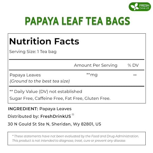 Image of FreshDrinkUS, Premium 40 Papaya Leaf Tea Bags, 100% Natural & Pure from Papaya Leaves. Loose Leaf Herbal Tea. Made with Natural Material Tea Bags. No Sugar, No Caffeine, No Gluten, Vegan.