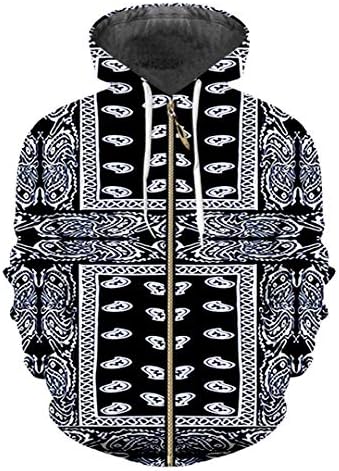Ynrbeminb Fall Men's 3D Print Black Bandana Hoodies Sweatshirt Long Sleeve Zipper Hoody Cashew Flower Printing Jackets Bandana Paisley L