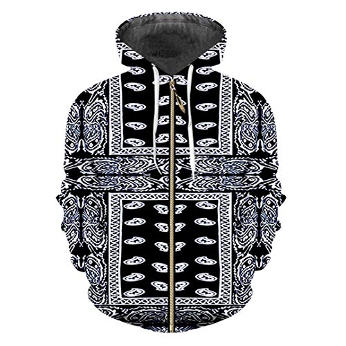 3D Print Black Bandana Hoodies Paisley Sweatshirt Long Sleeve Zipper Bandana Paisley XL