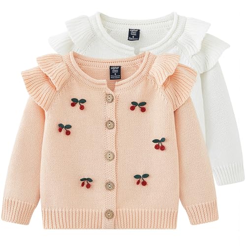 sfdgfhyf Girls and Toddler's Cherry Embroidery Knit Cardigan Sweater Ruffle Button Down Knitted Toddler Jackets4