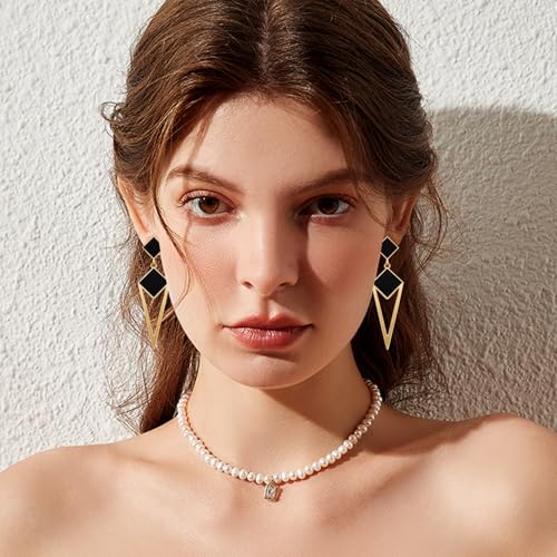 14k Gold Enamel Hollow Triangle Dangle Drop Earrings Black Square Geometry Stud Earrings For Women2