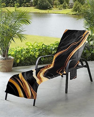 Marble Black Beach Chair Towel Covers for Chaise Lounge with Side Pocket, Soft Plush Pool Towels Cover for Patio Sunbathing Outdoor 29''x85'' Modern Abstract Gold Aesthetics Decor
