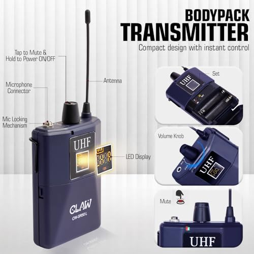Image of CLAW CW-SR50L Professional UHF Wireless Lavalier and Head Microphone with One-Tap Mute, Plug & Play Bodypack Rechargeable Receiver, LED Display, 50m Range,for Teaching, Vlogging, Stage & PA System