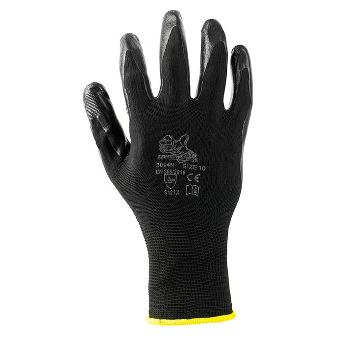 Guantes de trabajo de poliéster nitrilo negro, guantes antideslizantes revestidos, resistentes y transpirables, ideales para mecánica, construcción y uso profesional (Talla 9, paquete de 144 unidades)