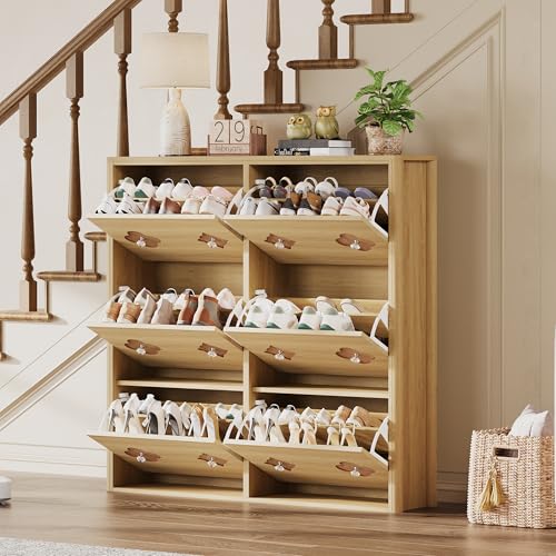 Image of GarveeHome Shoe Storage Cabinet with 6 Flip Drawers, Narrow Wood Shoe Organizer Cabinet with Floral Pattern, Freestanding Slim Shoe Rack Cabinet with Adjustable Shelves, for Entryway, Hallway, Natural