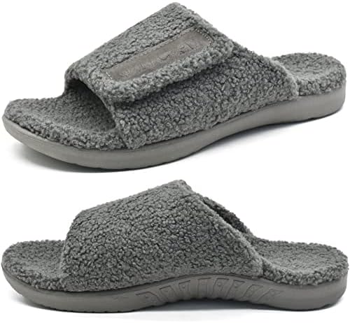 ONCAI Mens House Slippers with Arch Support，Fur Slides with Orthopedic for Plantar Fasciitis Relief Wide Footbed and Adjustable Strap Grey Size 11