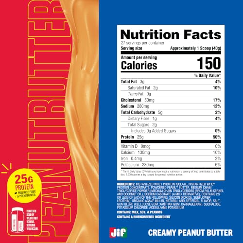 Image of Ryse Loaded Protein Powder - JIF Creamy Peanut Butter - 25g Whey Protein Isolate & Concentrate with Prebiotic Fiber & MCTs - Low Carb, Low Sugar, Digestive-Friendly - 20 Servings / 1.5 lb Tub